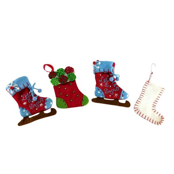 Vintage Let It Snow Mini Stocking Ornaments Set of 4 Felt Corduroy Style - Picture 7 of 11
